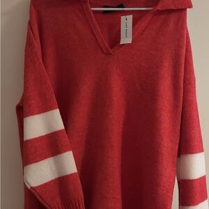 Lane Bryant Red V-Neck Sweater with White Sleeve Stripes